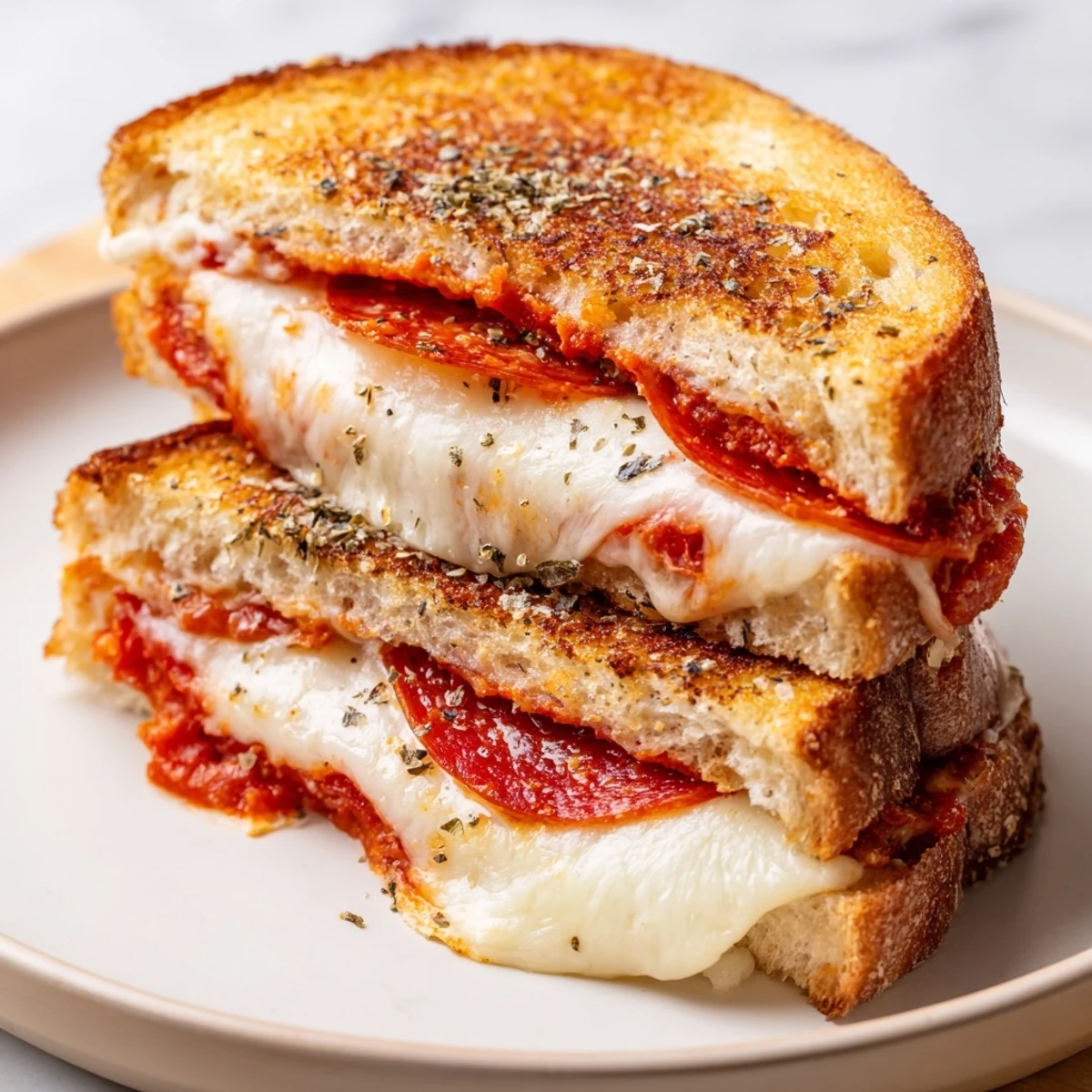 Golden toasted sourdough slices stuffed with melted mozzarella, pepperoni, and tangy marinara, ready to dip.