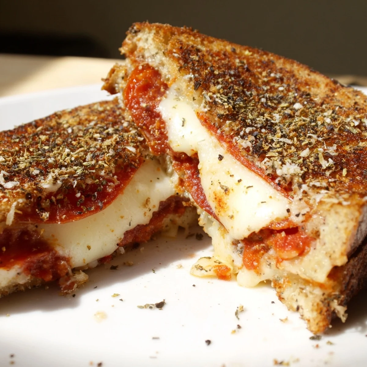 Warm, open-faced Pizza Grilled Cheese served on a plate with extra marinara sauce for dipping.