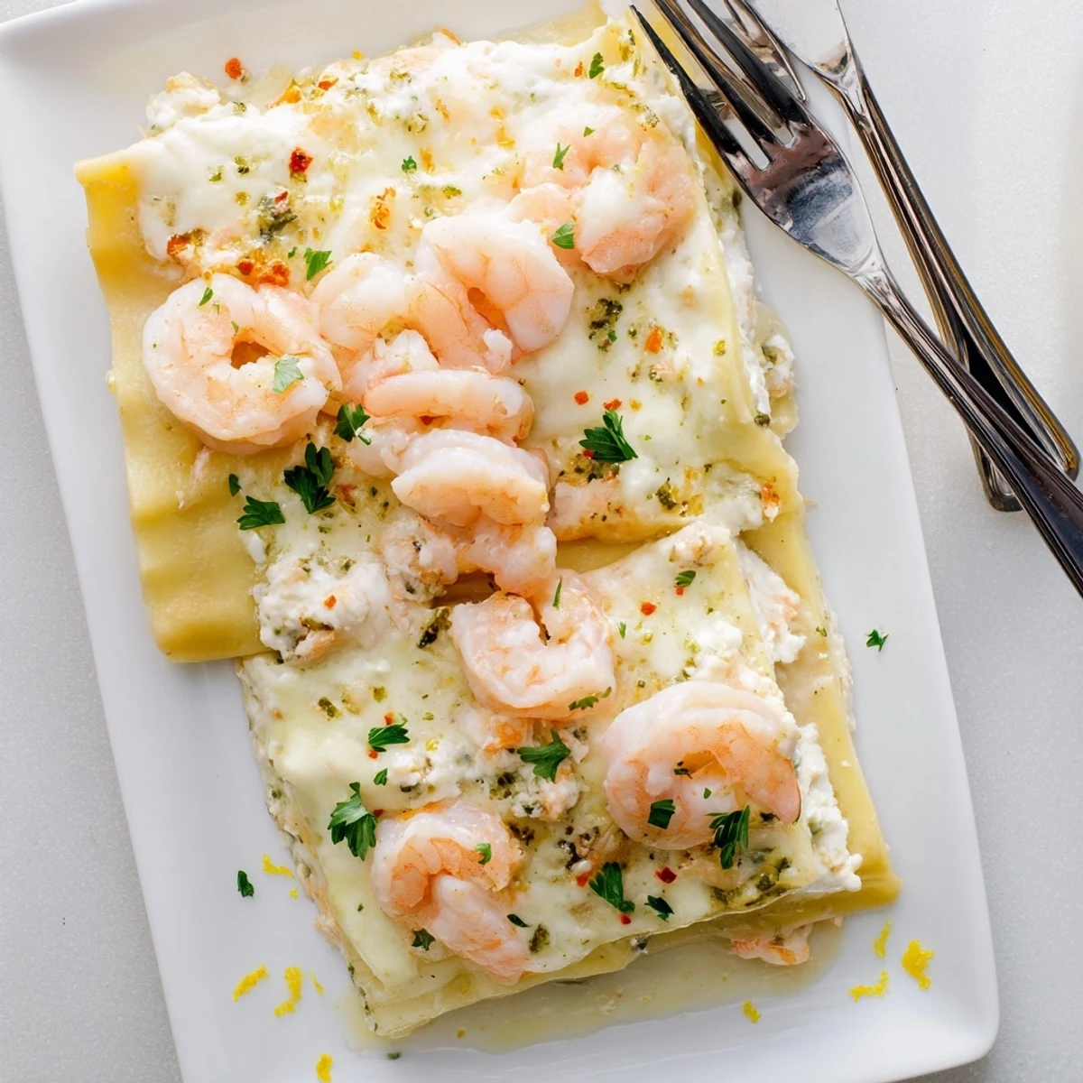 Golden baked Garlic Butter Shrimp Scampi Lasagna with melted mozzarella and fresh parsley garnish.