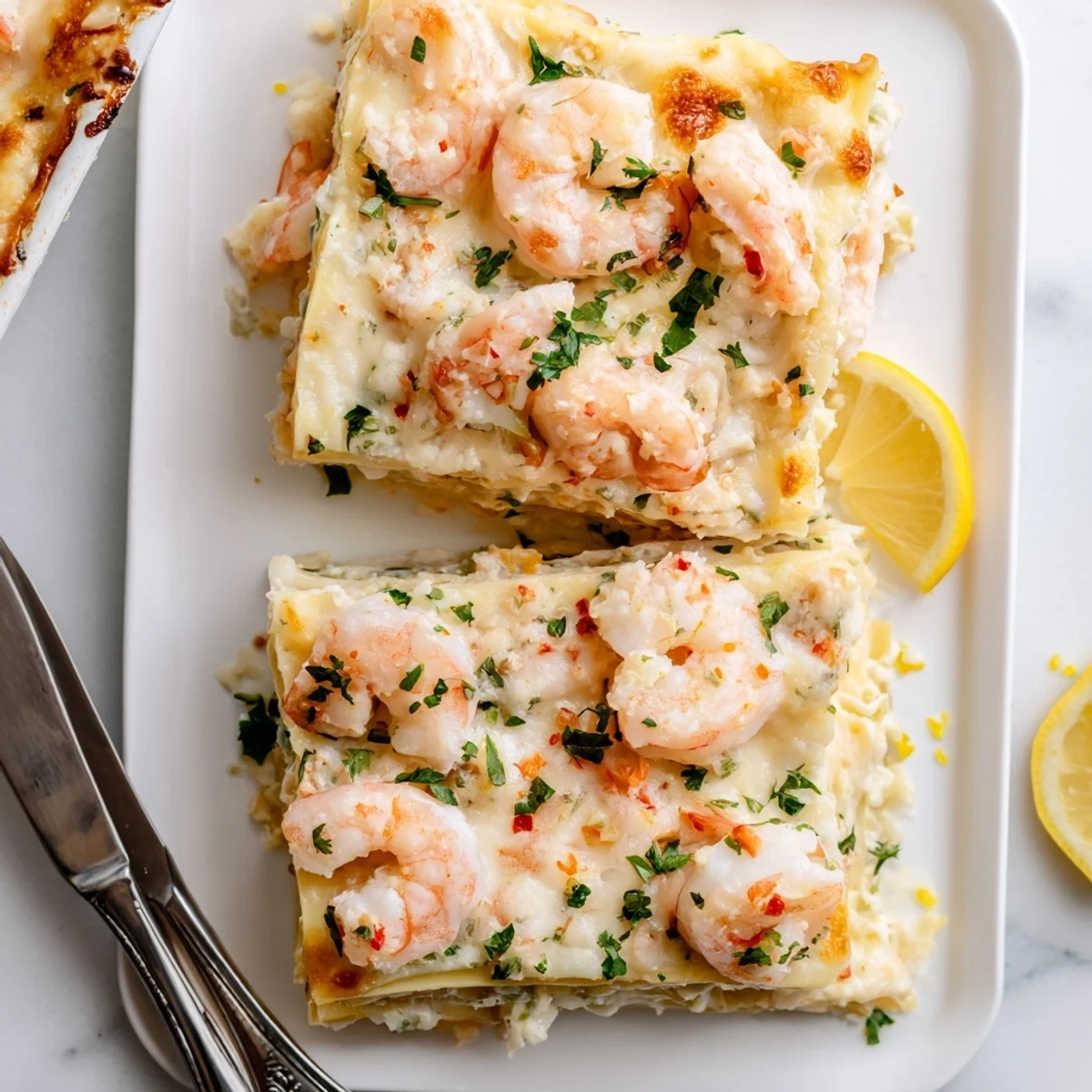 Close-up of Garlic Butter Shrimp Scampi Lasagna layers, showcasing shrimp, ricotta, and golden cheese top.