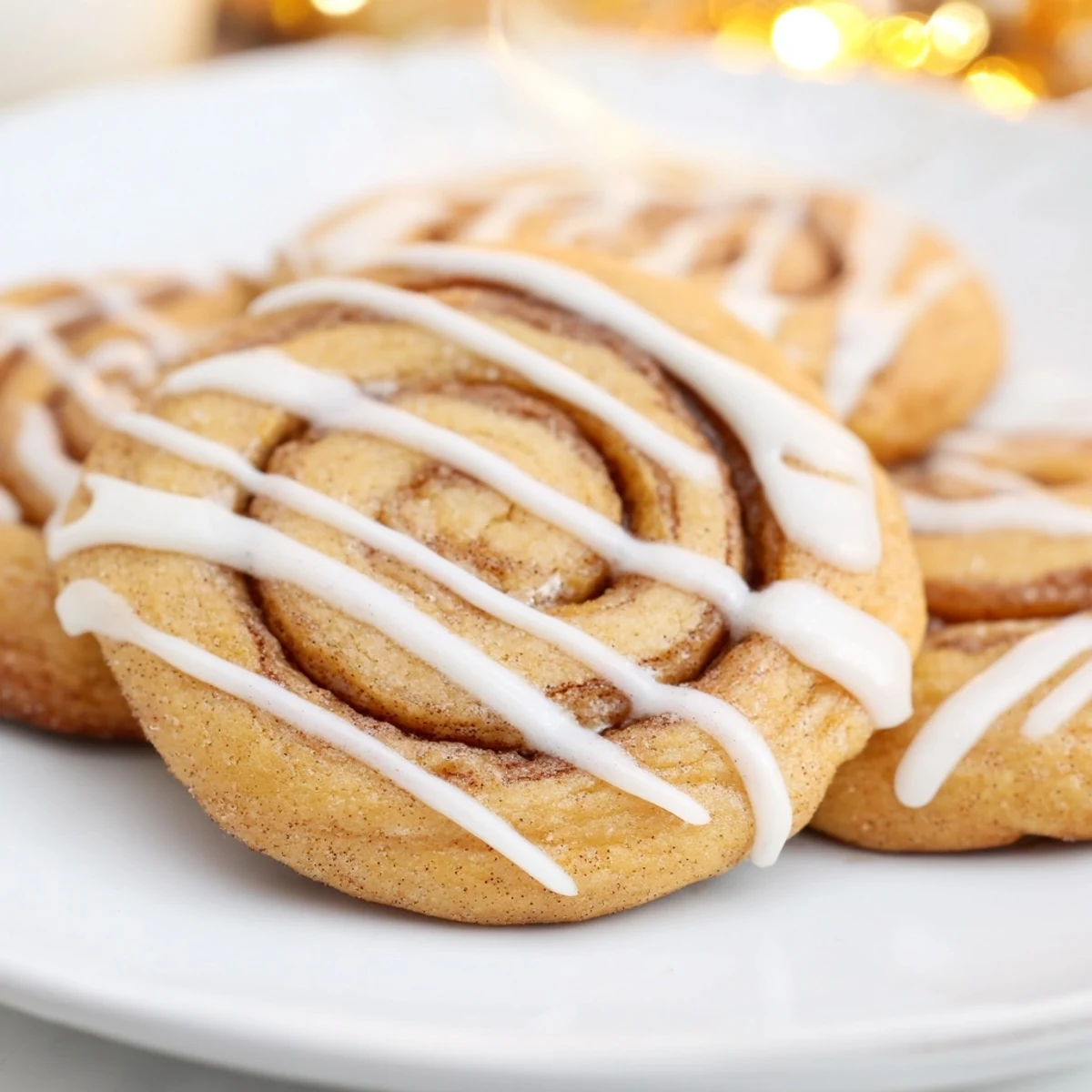 Warm Cinnamon Roll Cookies with a sweet vanilla glaze, served on a rustic plate for a cozy snack.