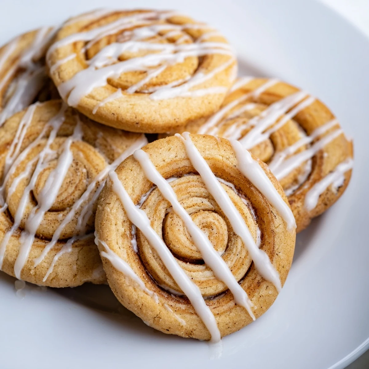 Close-up of a Cinnamon Roll Cookie with a drizzled glaze, highlighting its soft texture and buttery layers.