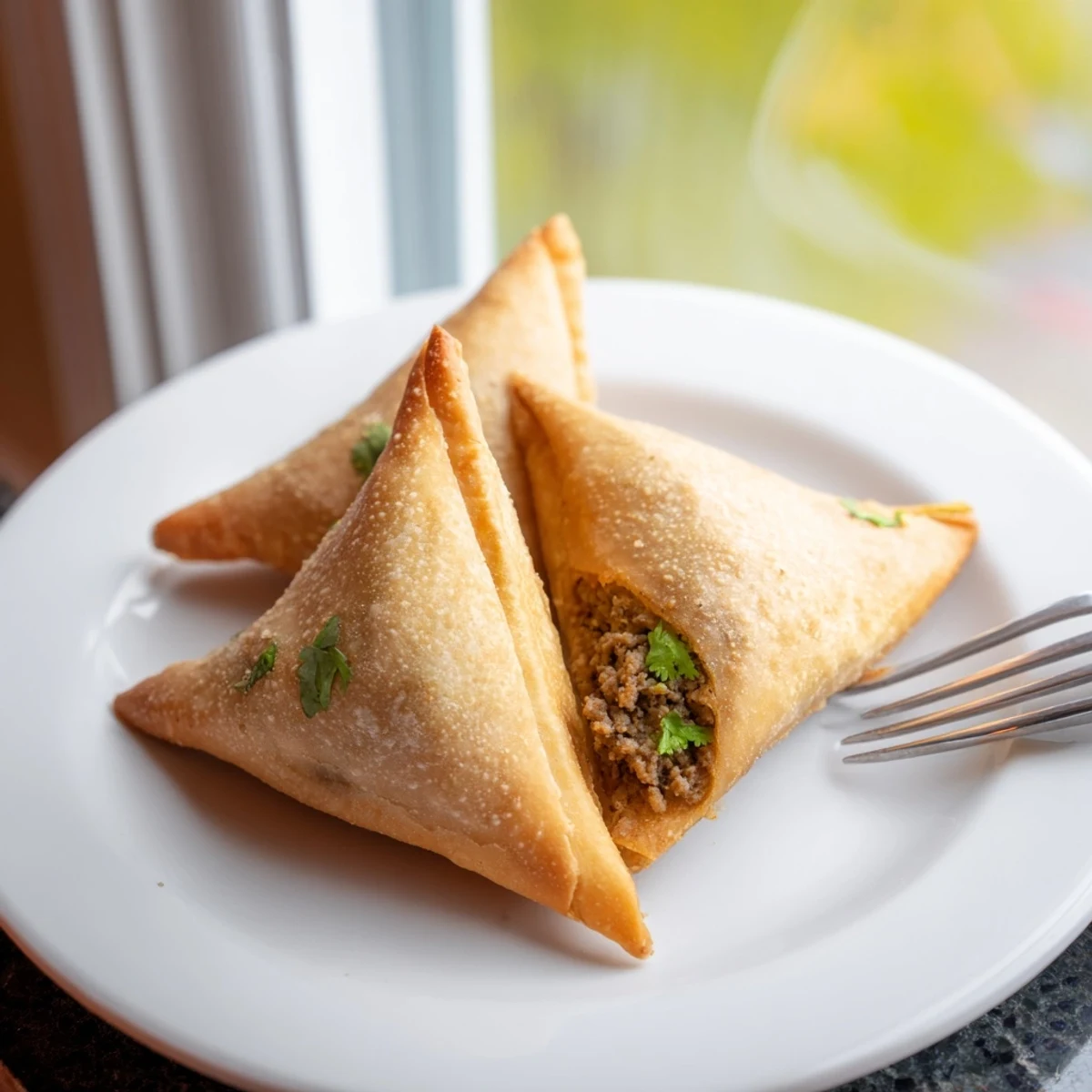 Spiced Meat Sambusas golden brown pastry triangles filled with aromatic ground beef and onions served with chutney.