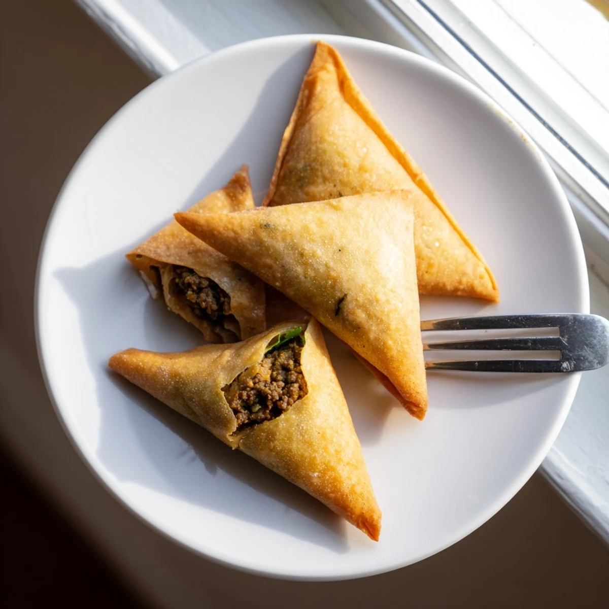 Close-up view of Spiced Meat Sambusas resting on a plate next to fresh cilantro and lemon wedges.
