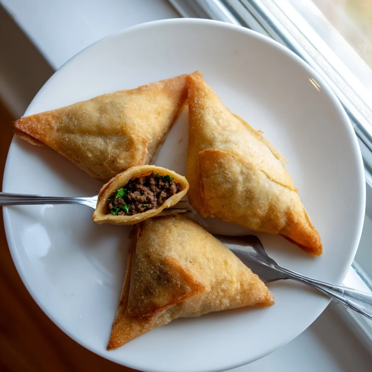A plate of Spiced Meat Sambusas paired with a small bowl of dipping sauce and a napkin.