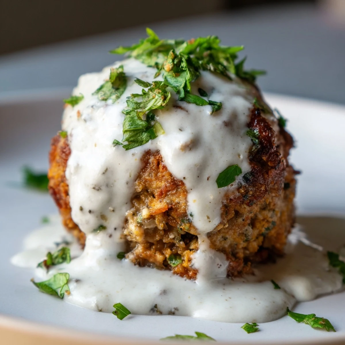 Golden-brown Chicken Kofta meatballs arranged on a platter, drizzled with creamy garlic yogurt sauce and garnished with fresh herbs and lemon wedges.