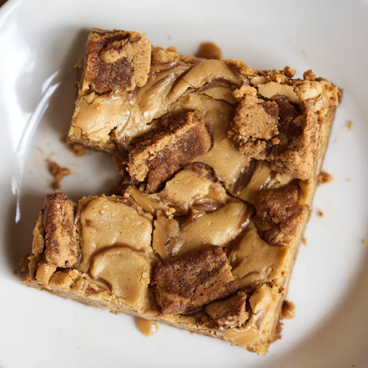 The finished Brown Butter Biscoff Blondies cut into squares on a white plate.