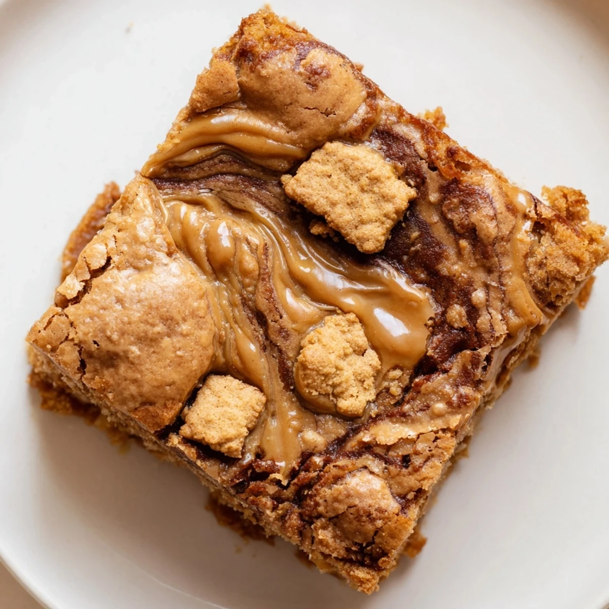 A close-up view of a warm Brown Butter Biscoff Blondie showing a gooey cookie butter swirl.