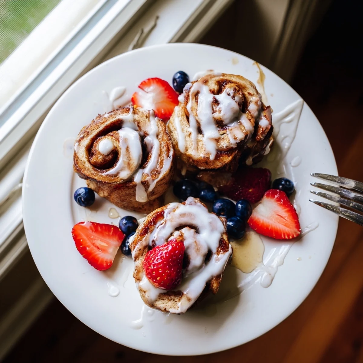 Warm Cinnamon Roll French Toast Bites drizzled with icing and served with fresh berries on a plate.