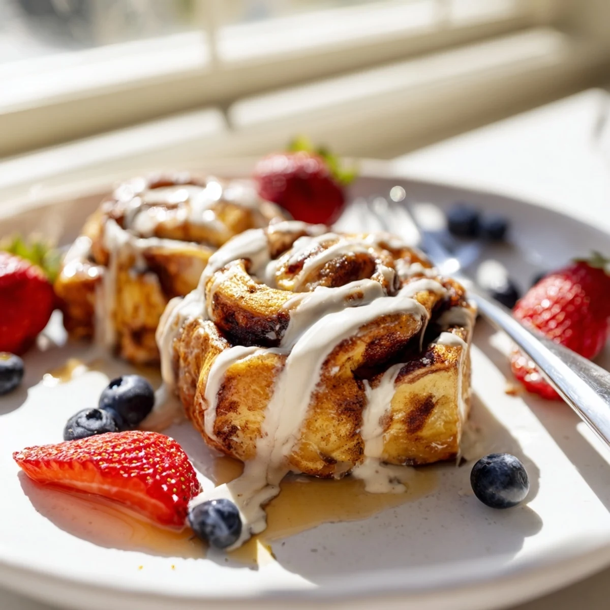 Soft, custardy Cinnamon Roll French Toast Bites arranged on a white plate with a side of berries.