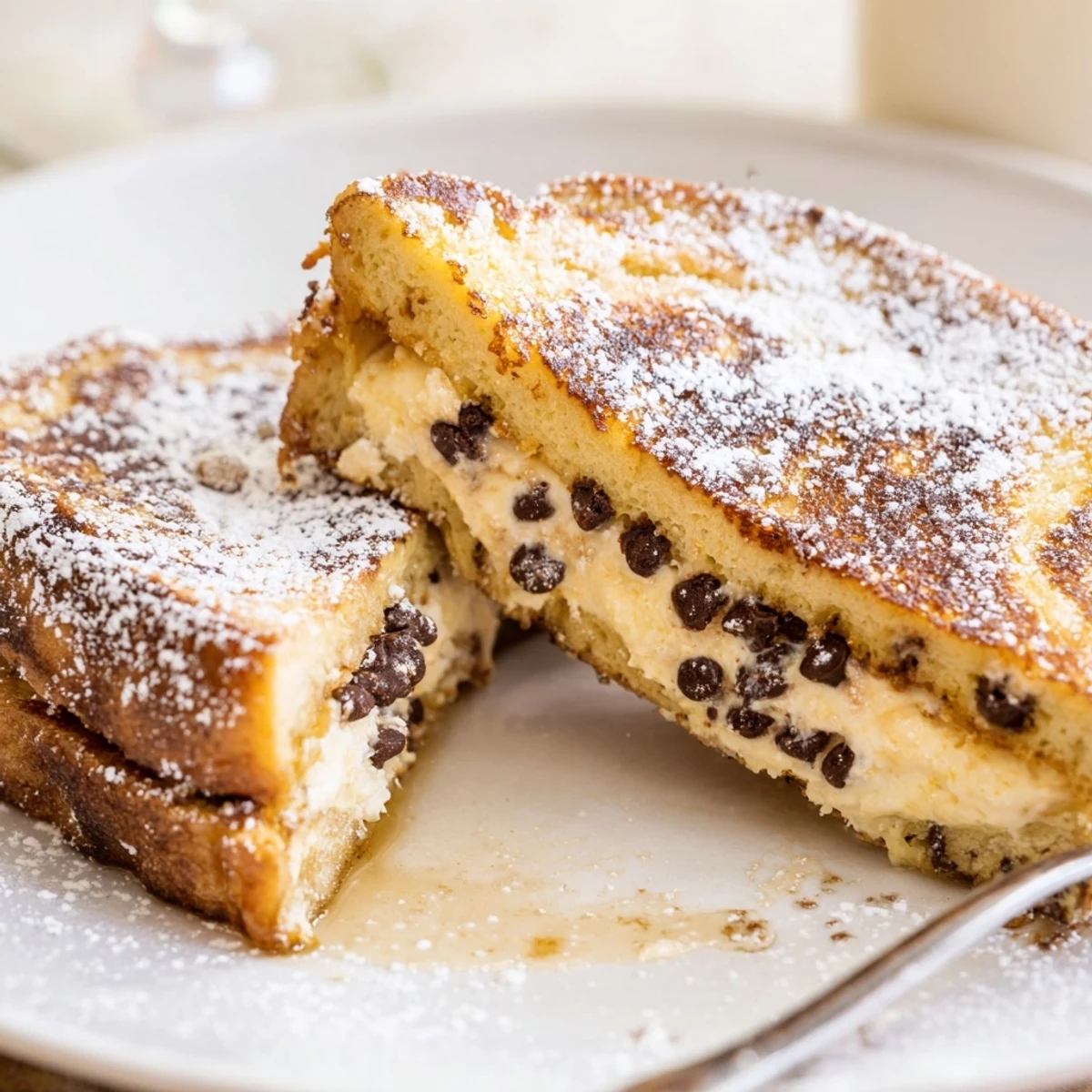 Thick golden-brown slices of Decadent Cannoli Stuffed French Toast dusted with powdered sugar on a rustic plate.