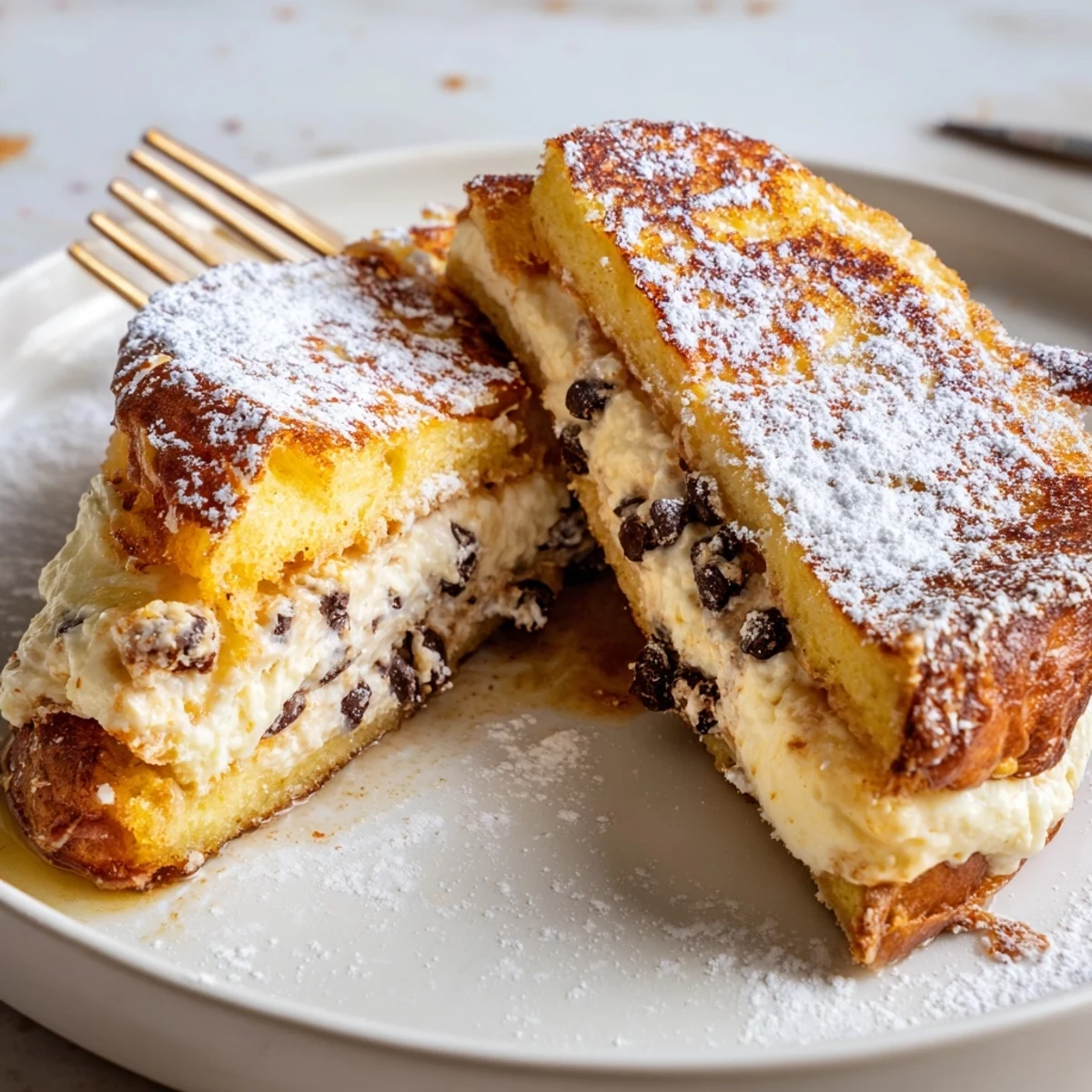 A brunch platter of Decadent Cannoli Stuffed French Toast topped with fresh berries and a dusting of cinnamon sugar.