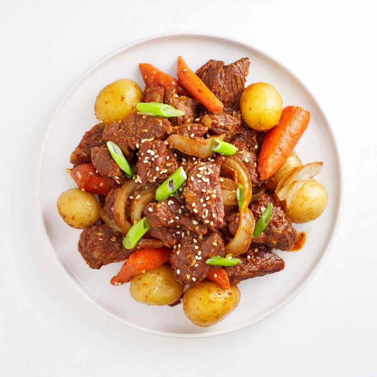 A platter of Slow Cooker Korean Beef Pot Roast with juicy beef and carrots, served with sesame seeds