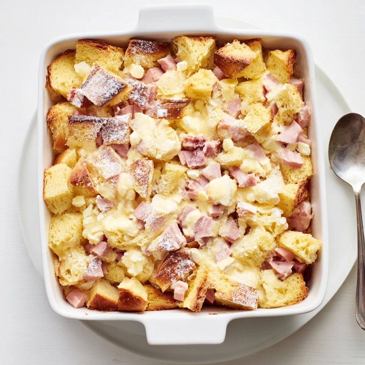 A slice of Monte Cristo Breakfast Casserole showcases golden brioche cubes layered with diced ham, turkey, and melted Swiss cheese, dusted with powdered sugar for a sweet finish.