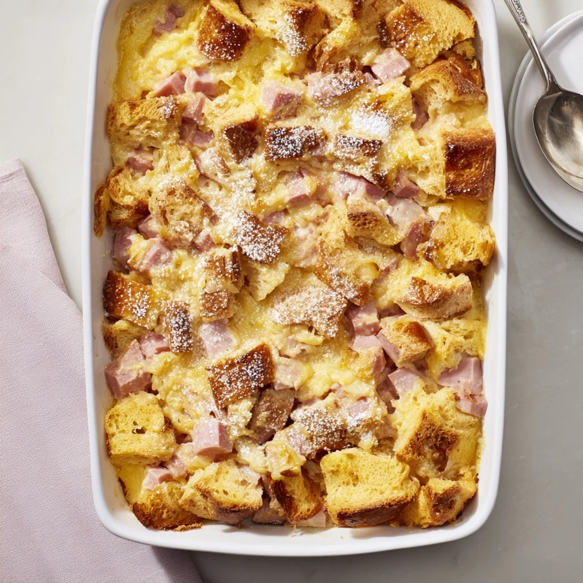 This Monte Cristo Breakfast Casserole offers a rich custard baked around savory meats and Swiss cheese, finished with a light dusting of powdered sugar for a classic brunch flavor.
