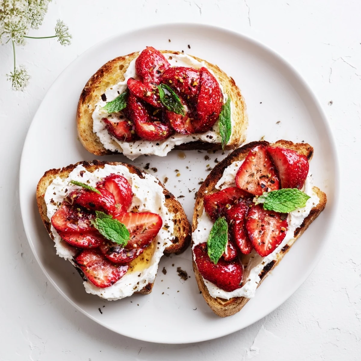 Golden toasted sourdough topped with creamy whipped ricotta and glistening roasted strawberries drizzled with honey.