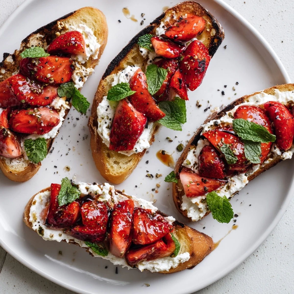 A close view of Roasted Strawberry Whipped Ricotta Toast with mint garnish and cracked black pepper.