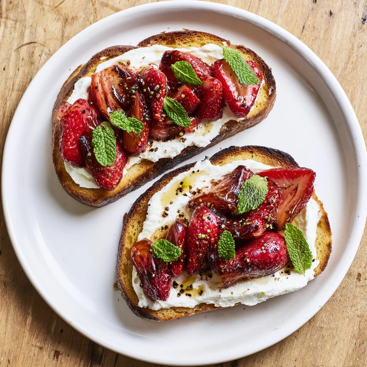 Easy vegetarian Roasted Strawberry Whipped Ricotta Toast served on a rustic plate with balsamic glaze.