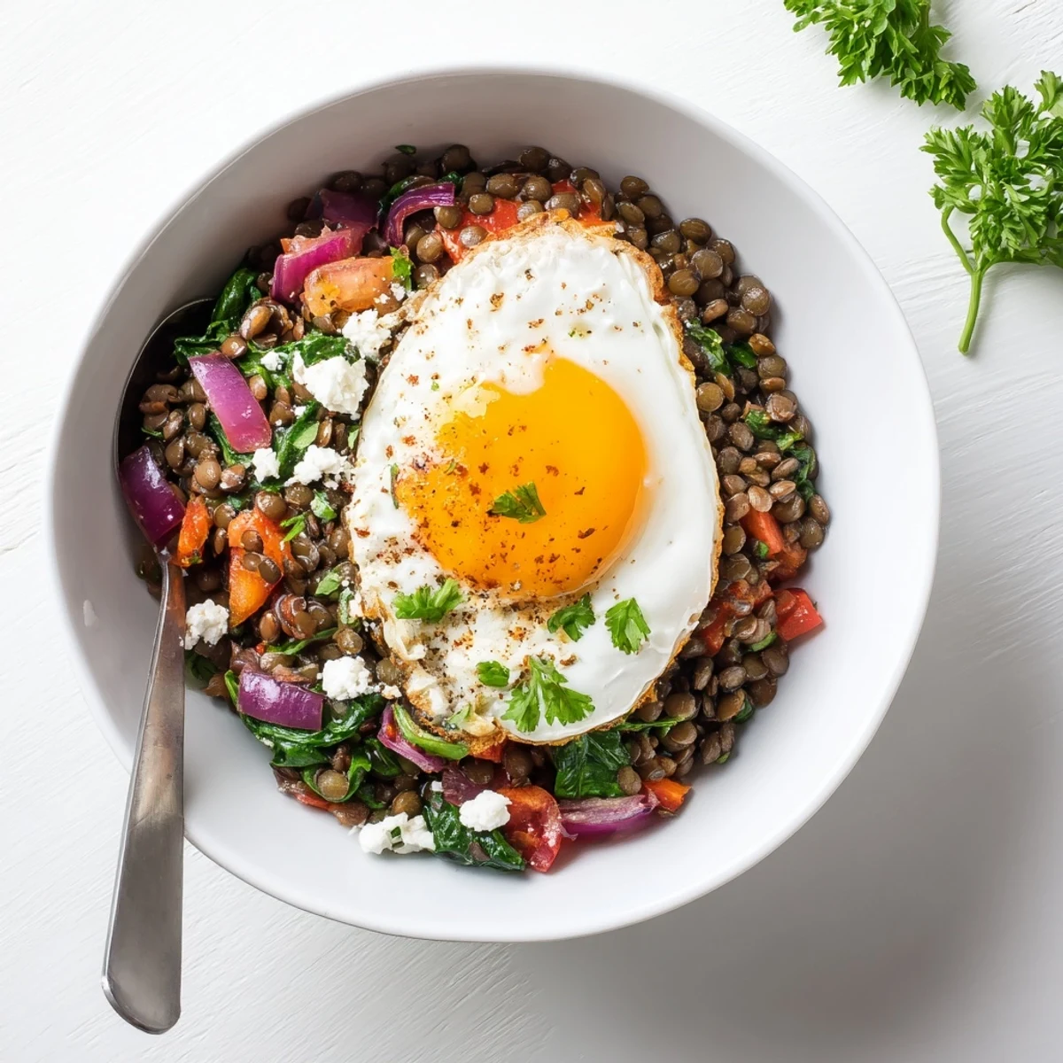Close-up of a Savory Lentil Breakfast Bowl with a golden-yolk fried egg nestled among lentils, sautéed red onions, bell peppers, and wilted spinach, topped with fresh herbs.
