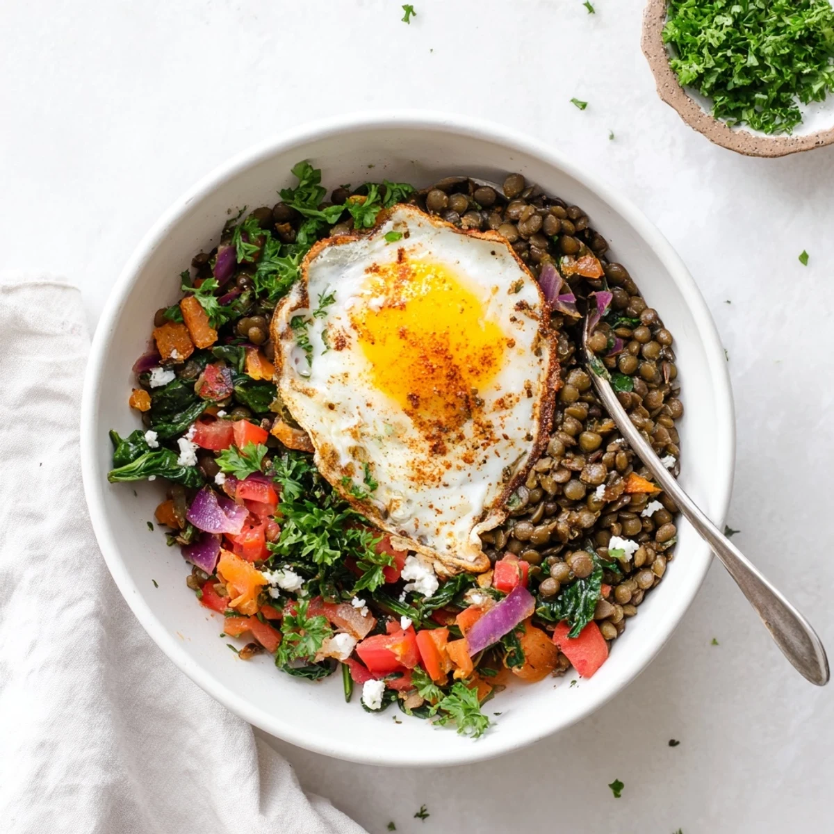 A vibrant Savory Lentil Breakfast Bowl served in a rustic bowl, featuring tender lentils, diced tomatoes, avocado slices, and crumbled feta for a nourishing vegetarian meal.