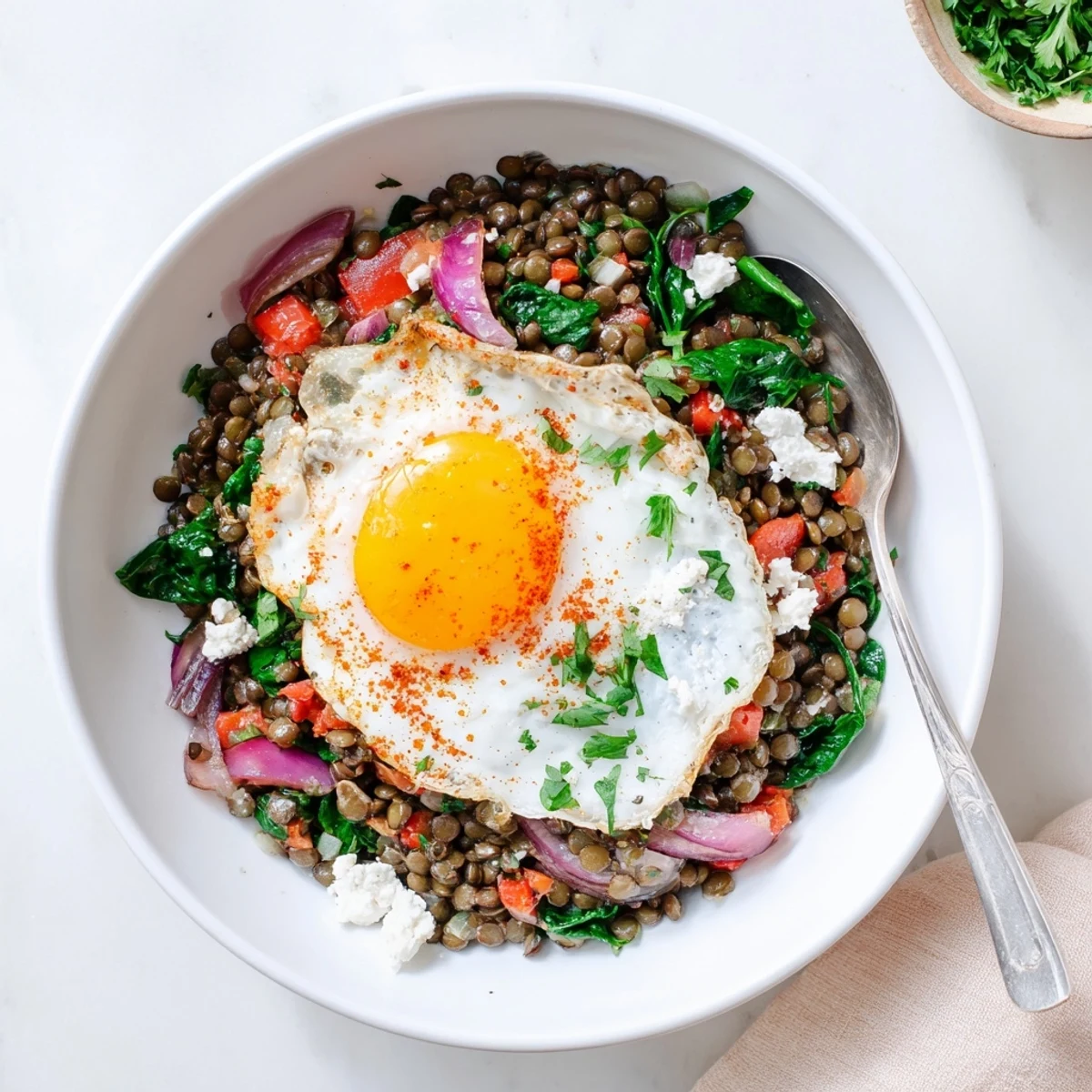 Overhead view of a Savory Lentil Breakfast Bowl showcasing colorful sautéed vegetables, soft lentils, and a perfectly poached egg, ready for a hearty American breakfast.