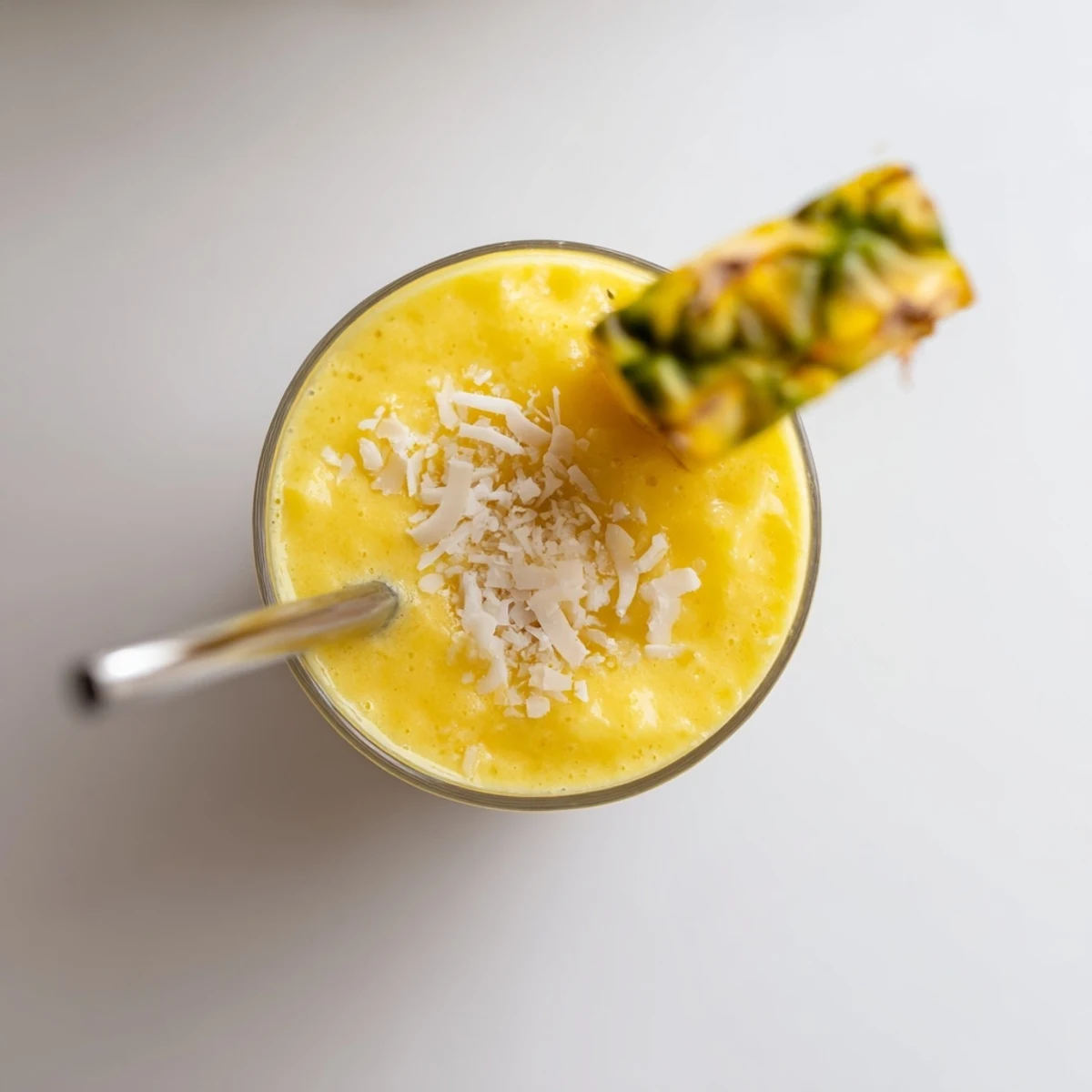 Creamy Pineapple Coconut Smoothie poured into a tall glass with a pineapple wedge garnish, perfect for a refreshing breakfast.