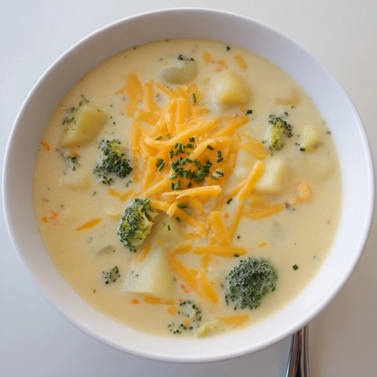 Steaming bowl of Creamy Cheesy Broccoli Potato Soup, served with crusty bread for dipping.