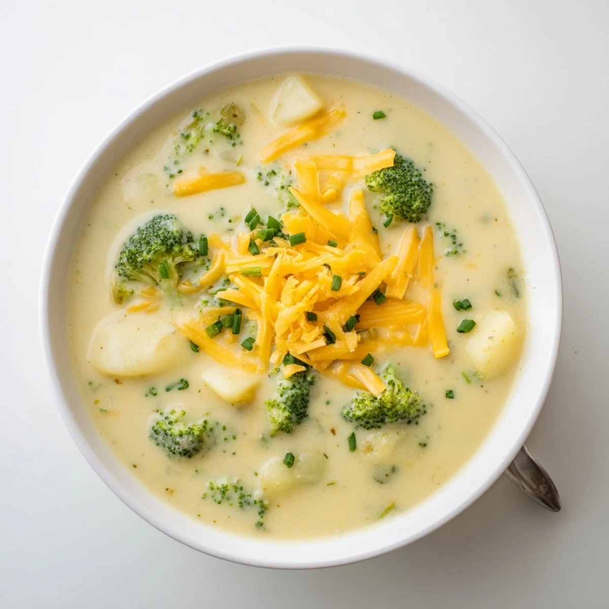 Creamy Cheesy Broccoli Potato Soup in a rustic bowl, garnished with fresh chives and melted cheese.