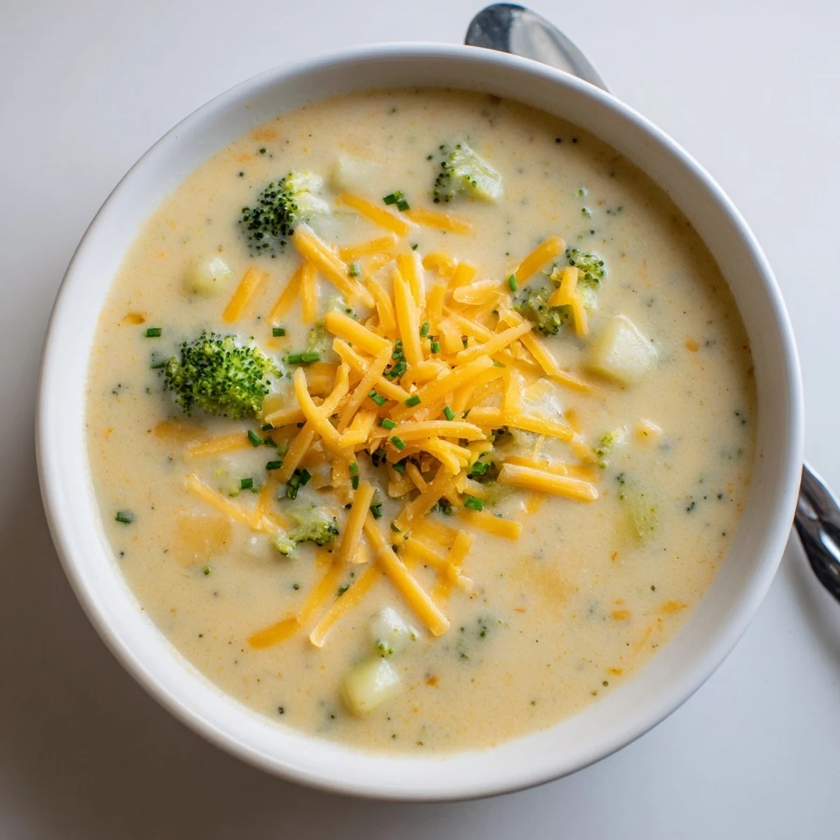 A comforting bowl of Creamy Cheesy Broccoli Potato Soup, showcasing velvety texture and vibrant green broccoli.