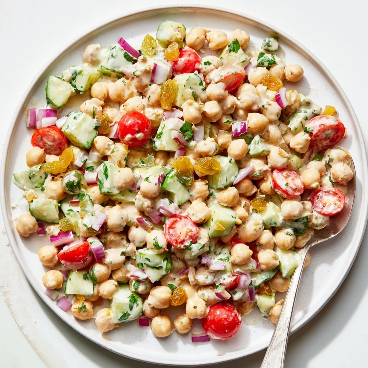 Freshly prepared Curried Chickpea Salad in a white bowl with vibrant red tomatoes and green cilantro garnish, perfect for a light vegan lunch.