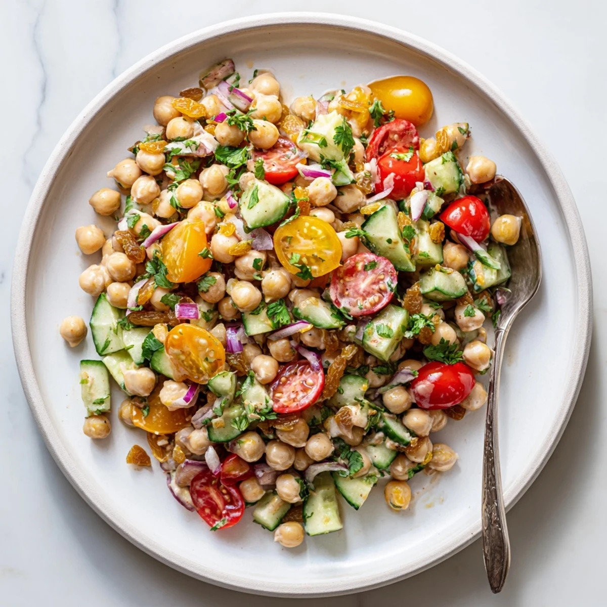 Overhead shot of colorful Curried Chickpea Salad served in a glass meal prep container, ideal for a healthy on-the-go American lunch.