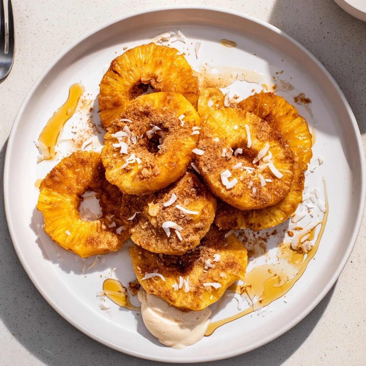 Crispy golden Fried Pineapple rings sizzling in a skillet, drizzled with honey and topped with toasted coconut flakes.