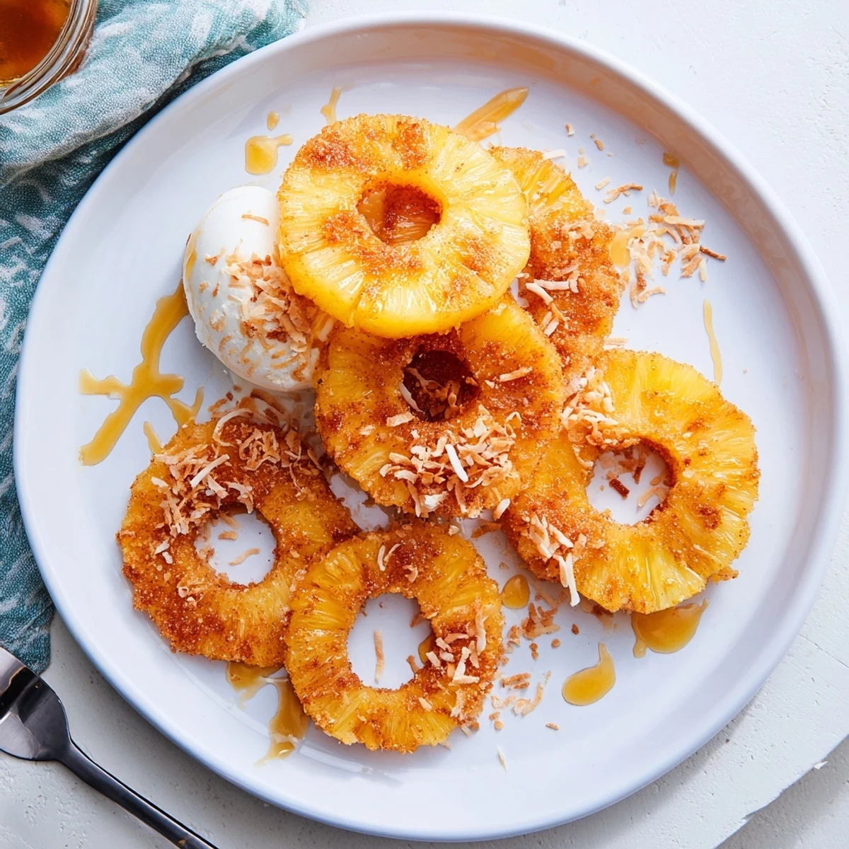 Warm Fried Pineapple served on a dessert plate with a scoop of vanilla ice cream melting slightly.