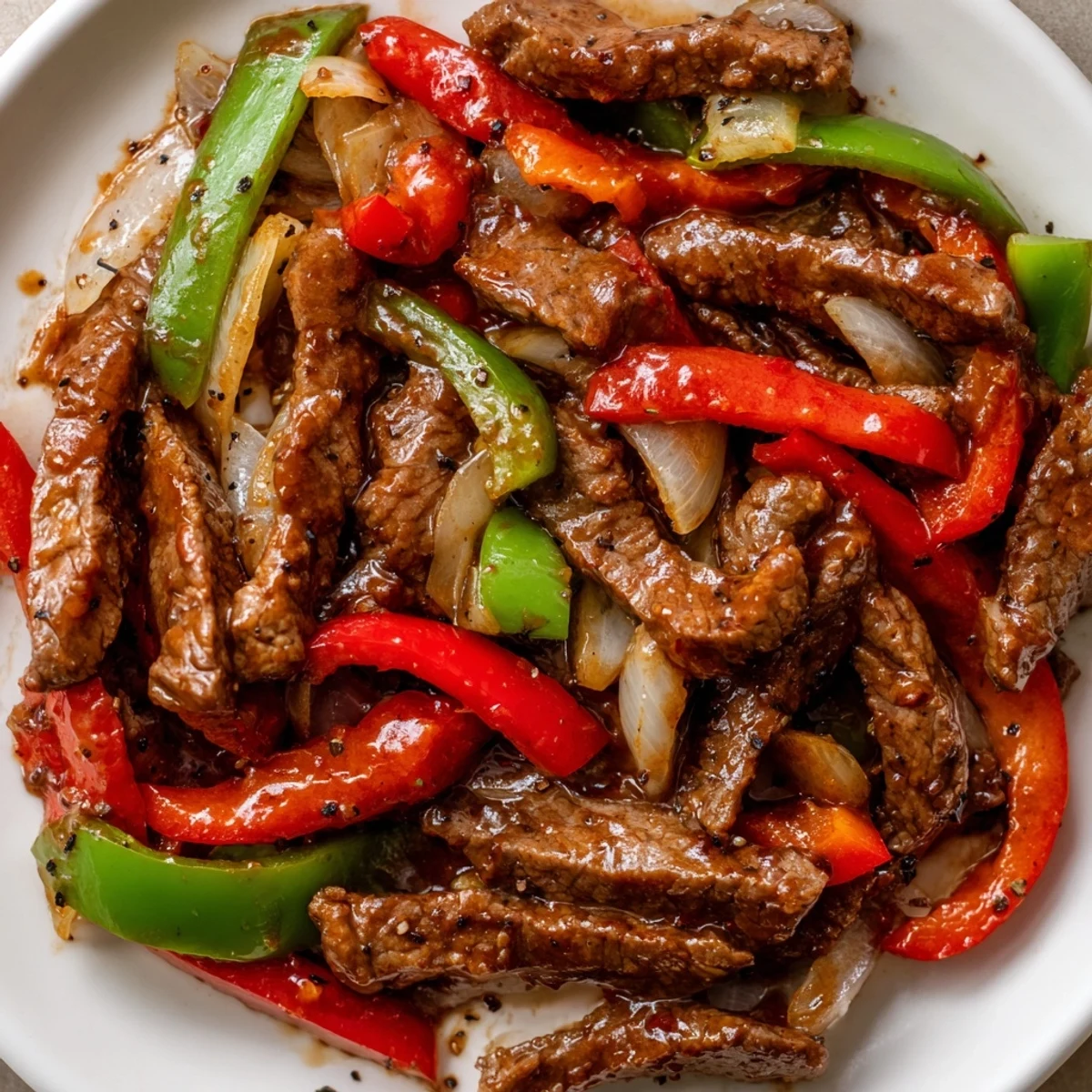 Vibrant Sizzling Chinese Pepper Steak With Onions sizzling in a hot wok with tender beef strips and colorful peppers.