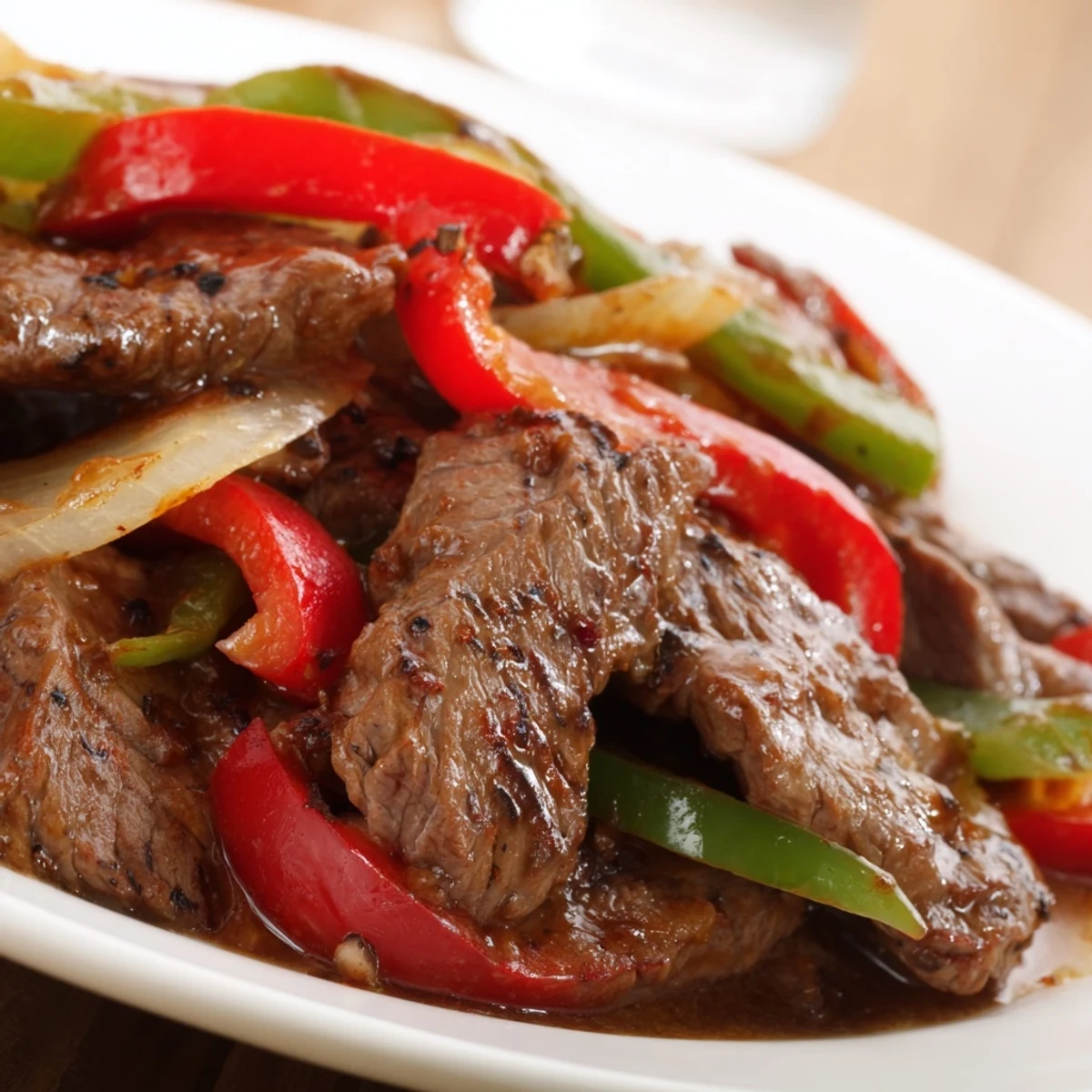 Close-up of Sizzling Chinese Pepper Steak With Onions plated with fluffy rice, garnished with fresh scallions and sesame seeds.