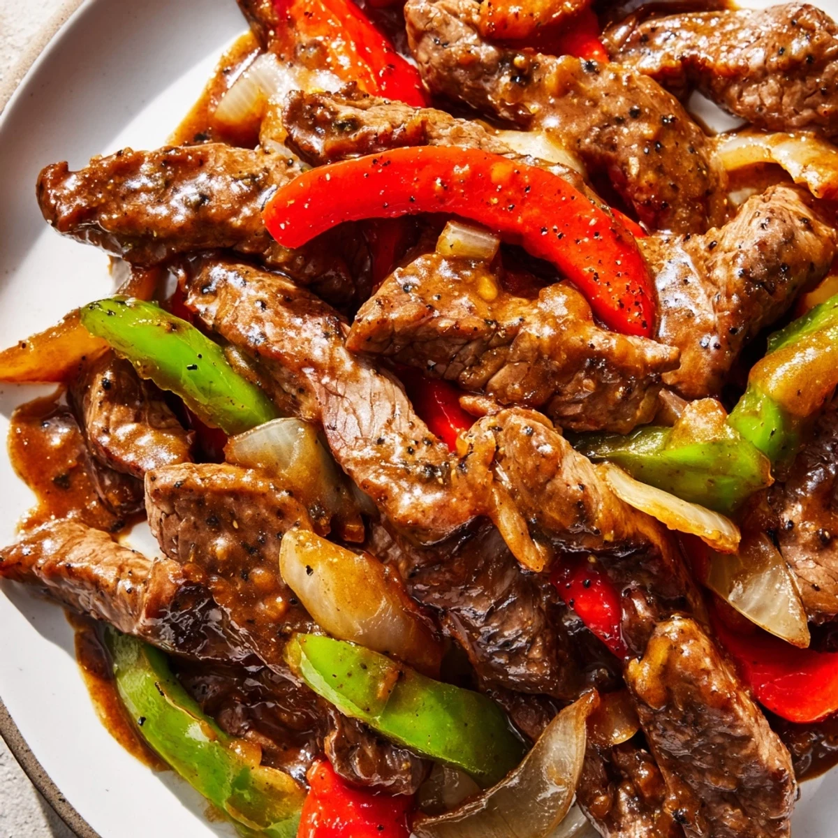 Freshly prepared Sizzling Chinese Pepper Steak With Onions in a skillet, onions and bell peppers glistening with savory sauce.