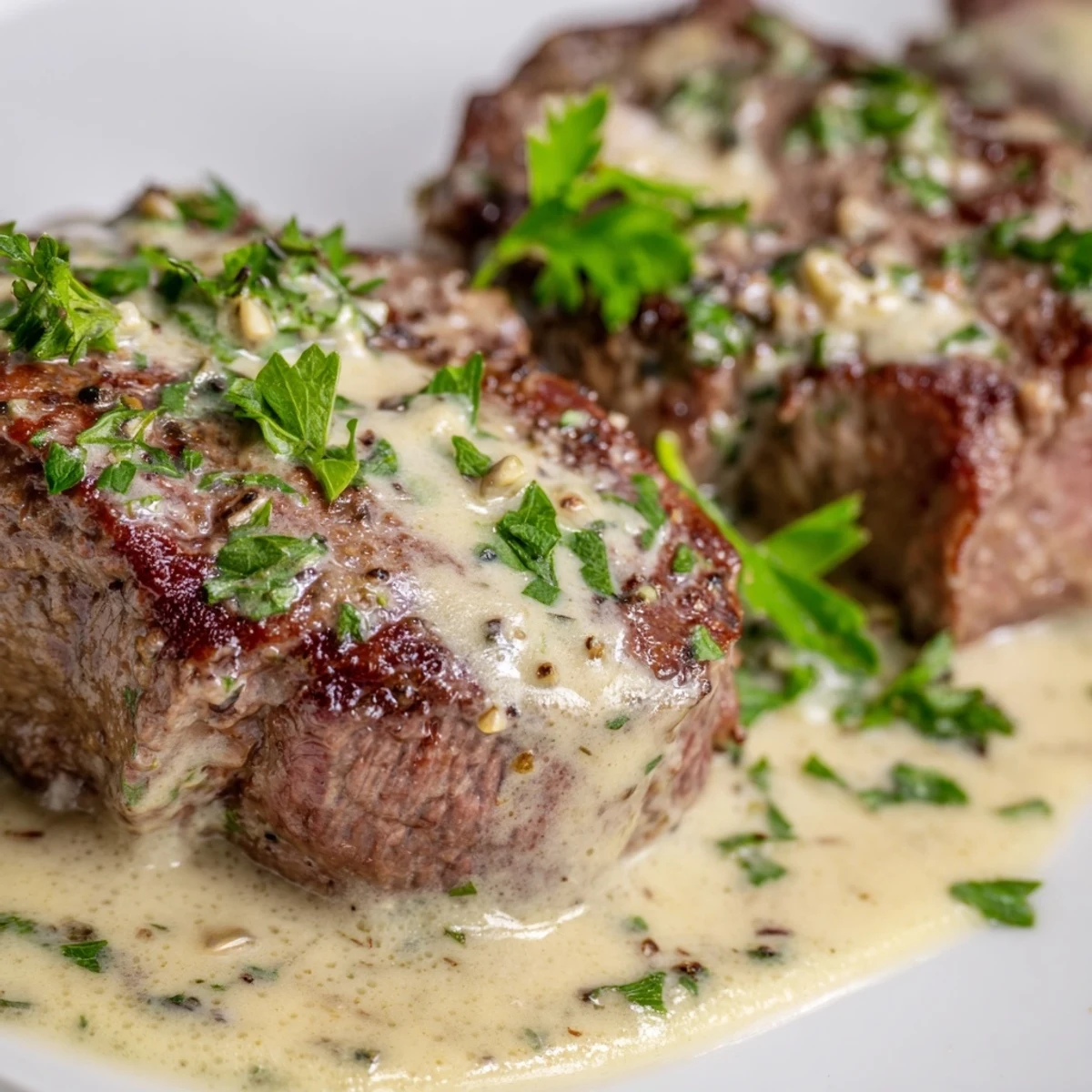 Juicy seared Garlic Butter Steak With Parmesan Cream Sauce glistens with rich, garlicky butter and creamy sauce.
