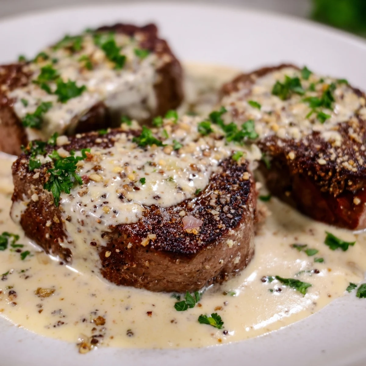 Garlic Butter Steak With Parmesan Cream Sauce served on a white plate next to roasted potatoes and herbs.