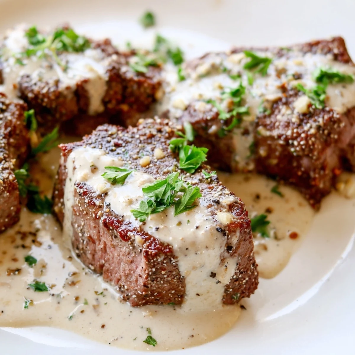 Close-up of Garlic Butter Steak With Parmesan Cream Sauce topped with melted Parmesan and fresh parsley garnish.
