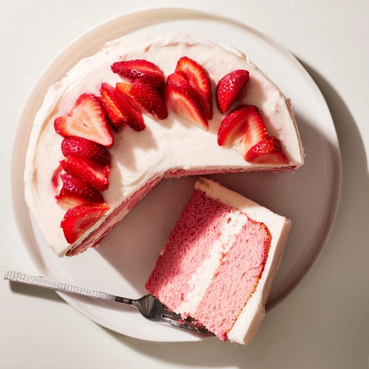 A slice of Strawberry Velvet Cake with pink crumb layers and creamy frosting, topped with fresh strawberry halves on a white plate.