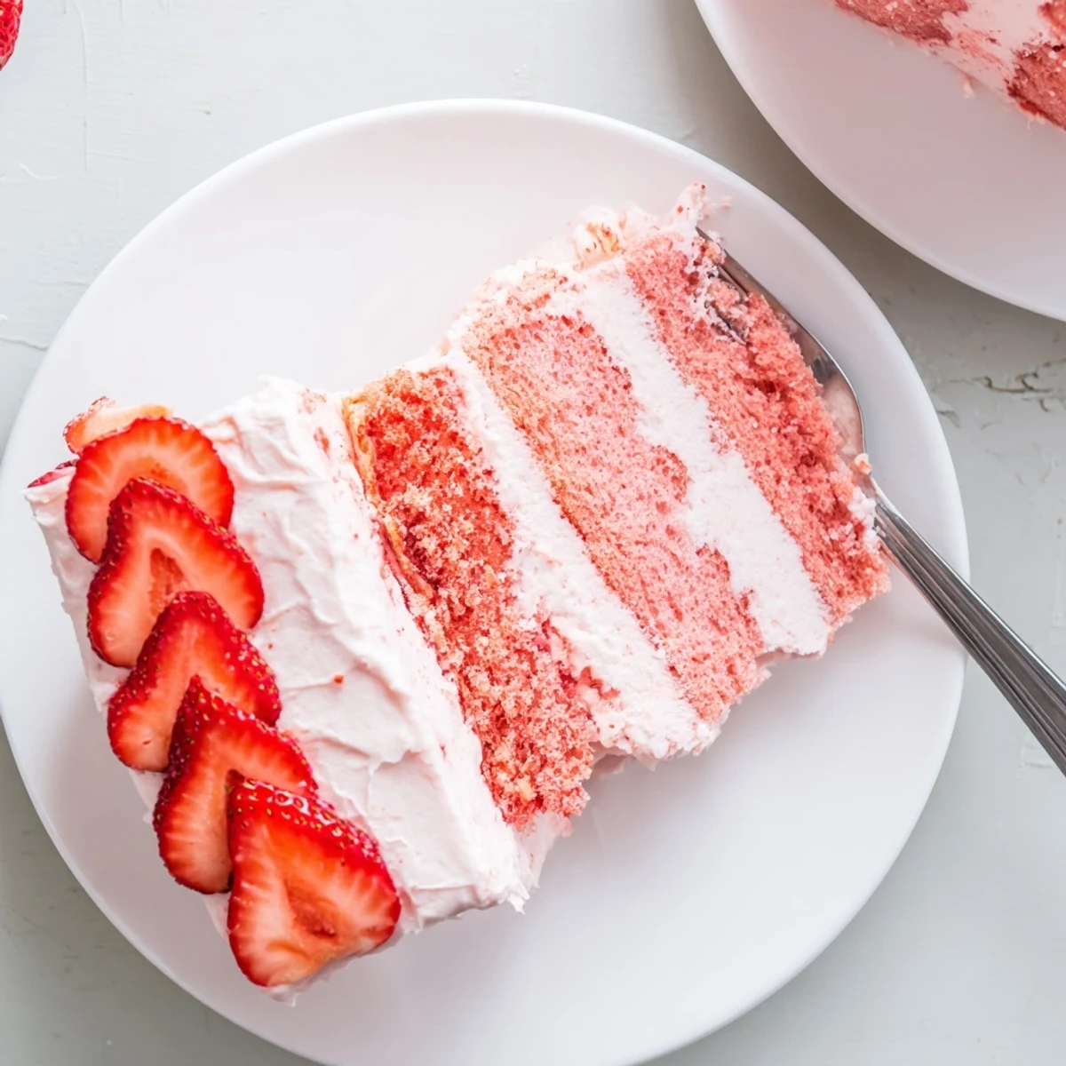 Freshly baked Strawberry Velvet Cake with vibrant pink interior and glossy strawberry garnish, ready for a spring celebration dessert spread.