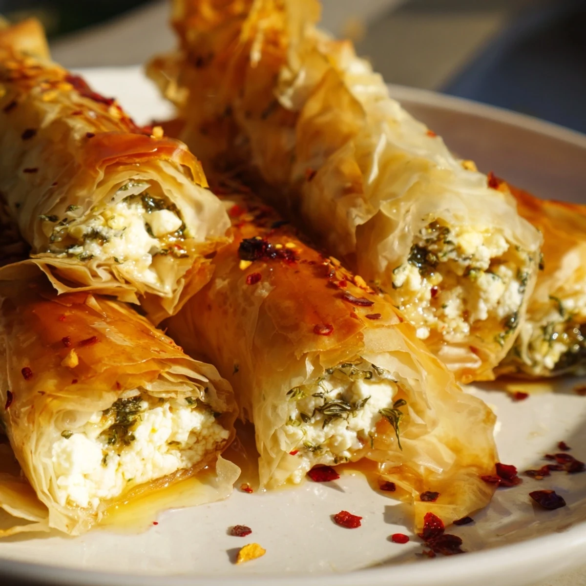 Freshly baked Oven Fried Feta Rolls with Spicy Chili Honey resting on a rustic plate, their golden phyllo layers flaky and crisp.