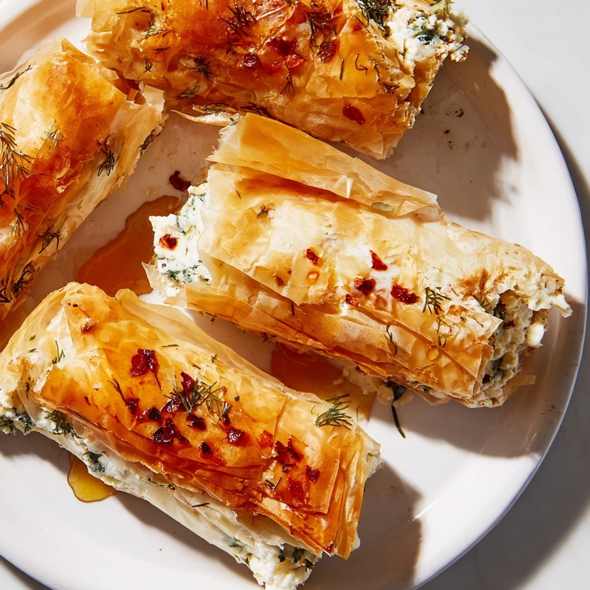 Arrangement of Oven Fried Feta Rolls with Spicy Chili Honey on a wooden board, served with a small dipping bowl of honey.