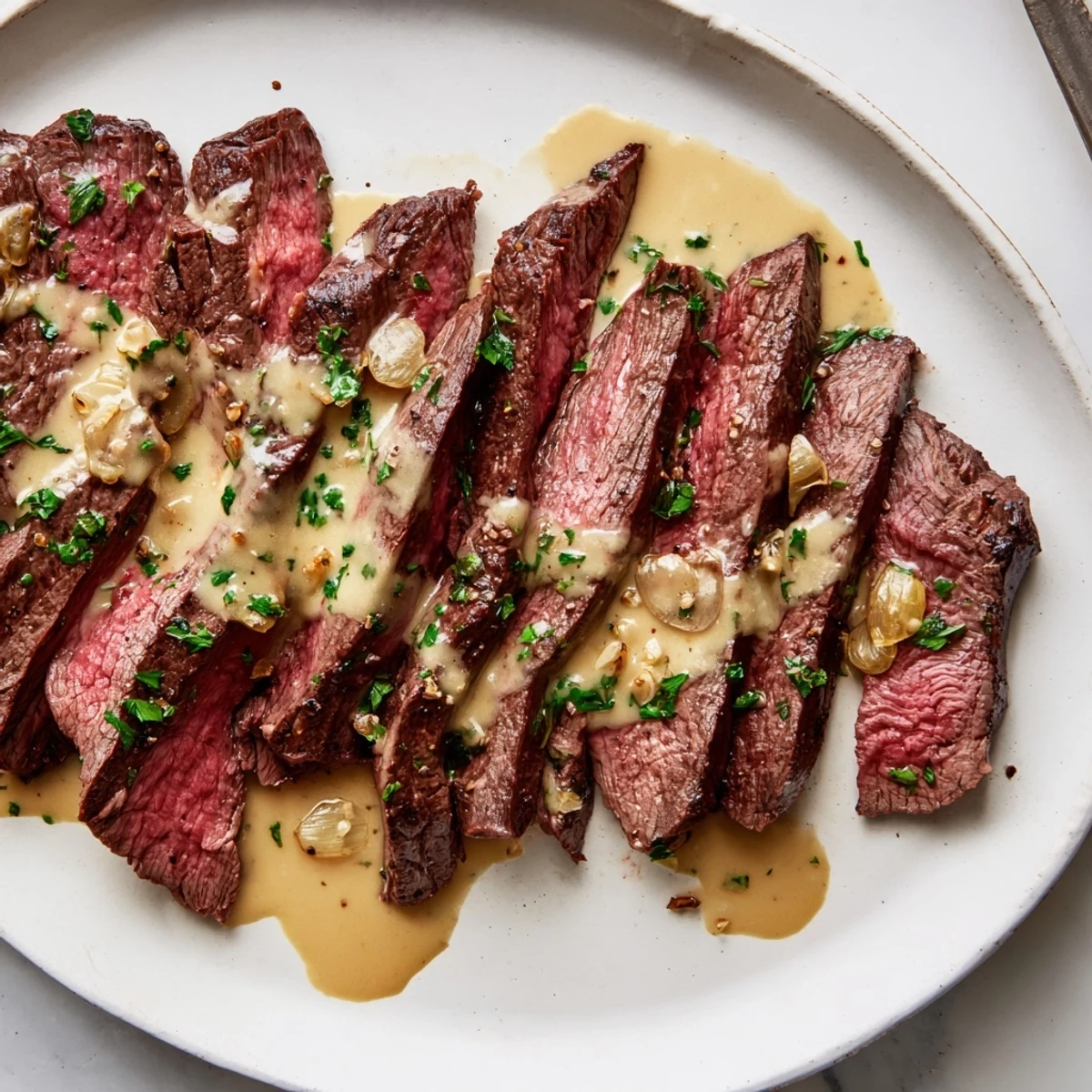 Sliced flank steak drizzled with roasted garlic sauce on a rustic plate with green beans and parsley.