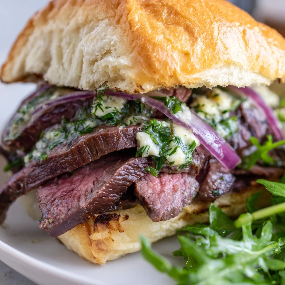 Cowboy Butter Steak Sliders with seared ribeye slices, zesty herb butter, and arugula on toasted slider buns.