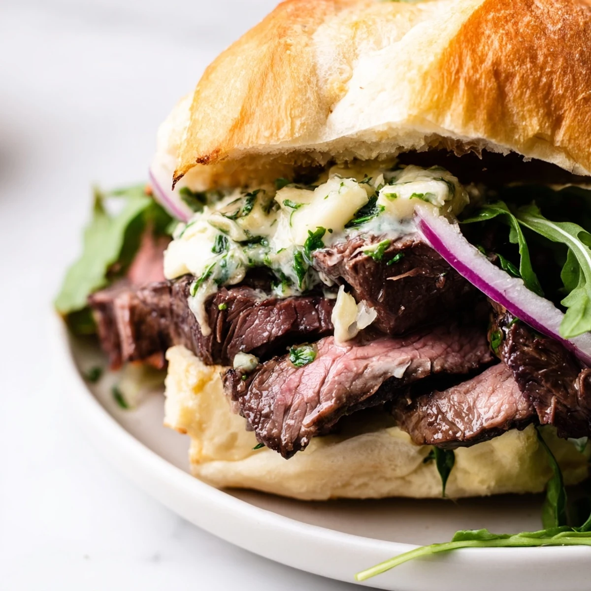 Stack of Cowboy Butter Steak Sliders featuring juicy flank steak, melted butter sauce, and red onion rings on soft buns.