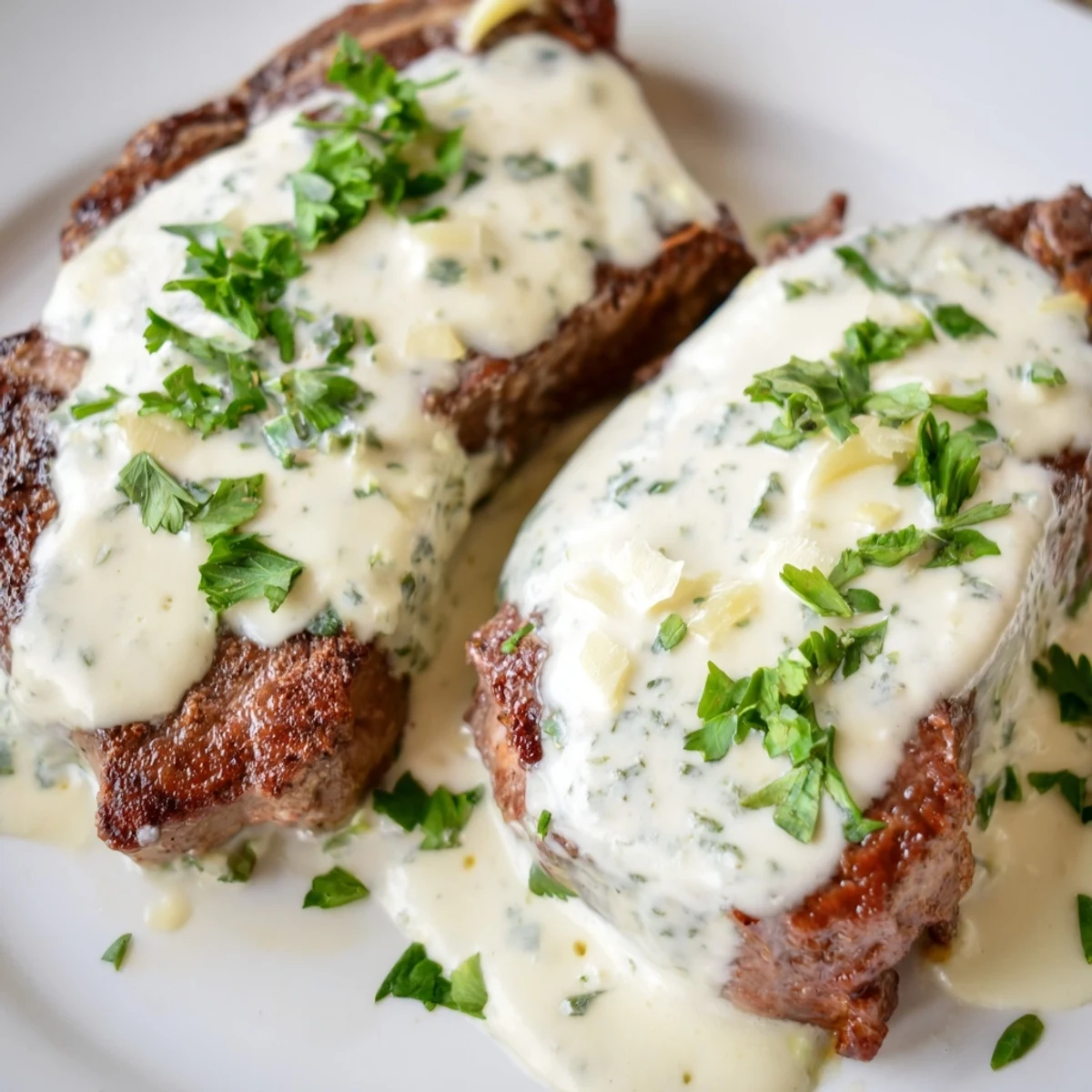 A close-up of Juicy Steak With Creamy Garlic Sauce drizzled over the seared meat.  