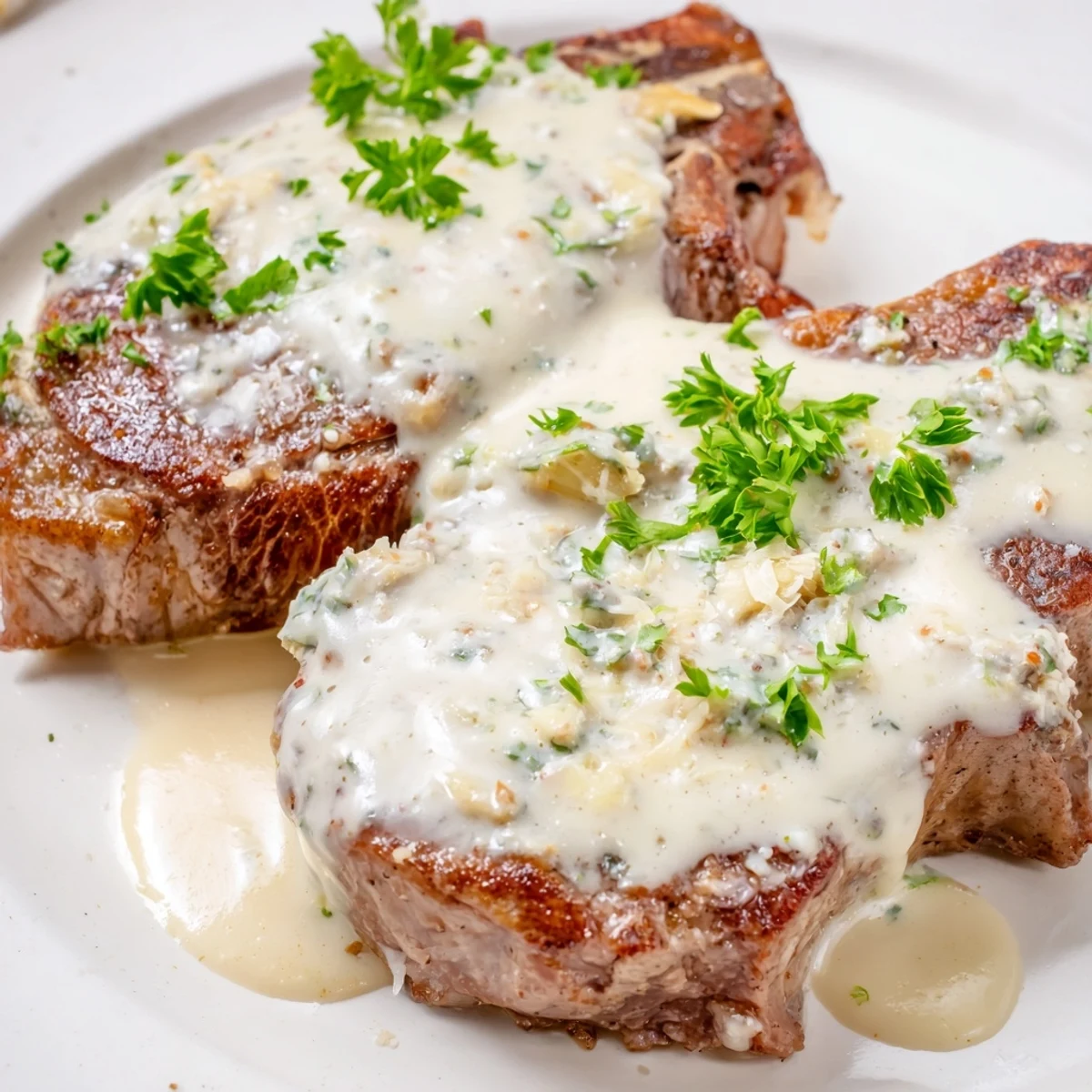 Serve Juicy Steak With Creamy Garlic Sauce alongside roasted potatoes for a hearty meal.