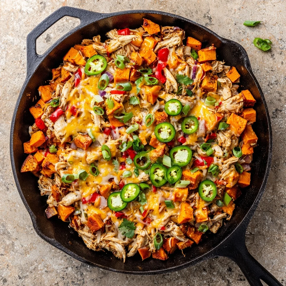 In a cast iron skillet, melted cheddar and mozzarella blanket tender sweet potatoes and smoky BBQ chicken, topped with fresh green onions for a hearty Sweet Potato Skillet with BBQ Chicken & Cheese.