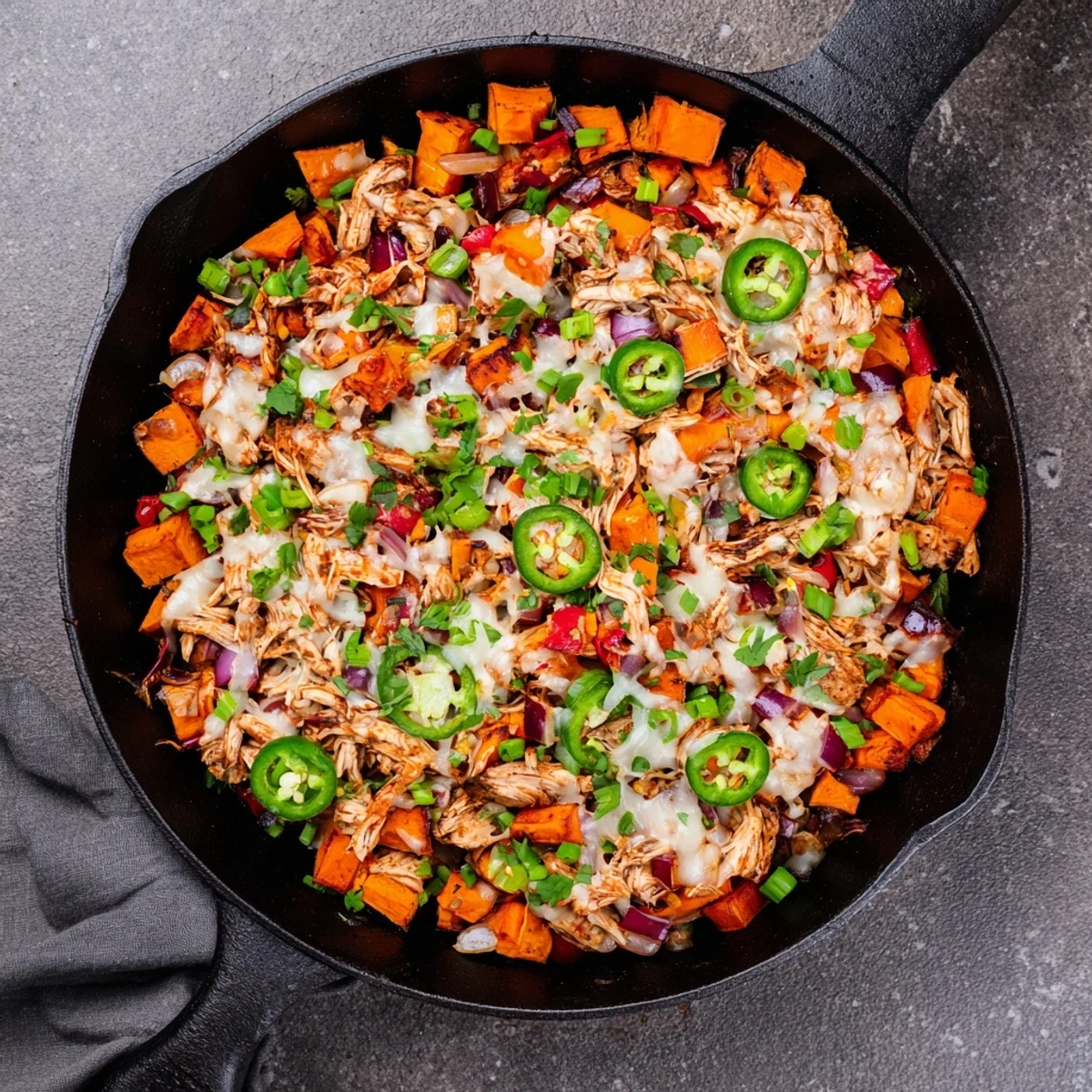 Sizzling, tender sweet potatoes and shredded BBQ chicken fill a rustic cast iron pan, finished with a thick layer of melted cheese and fresh green onions in this Sweet Potato Skillet with BBQ Chicken & Cheese.